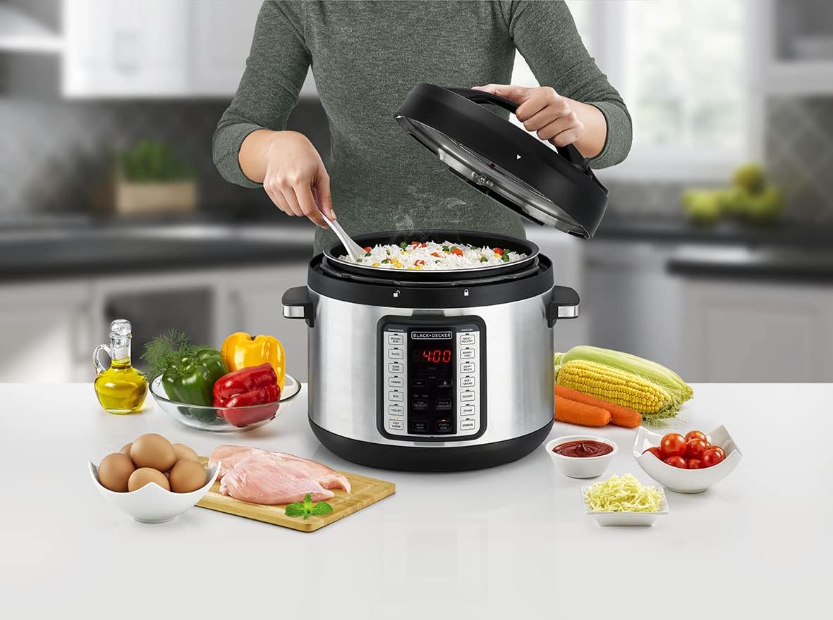 Black & Decker Smart Steam Pot, 1350W Power, 10L, 9 in 1 Usage, 14 Smart Programmable Electric Pressure Cooker وعاء بخار بتصميم انيق من بلاك + ديكر، بقدرة 1350 واط وسعة 10 لتر، طنجرة ضغط كهربائية أنيقة قابلة للبرمجة Black & Decker Smart Steam Pot, 1350W Power, 10L, 9 in 1 Usage, 14 Smart Programmable Electric Pressure Cooker وعاء بخار بتصميم انيق من بلاك + ديكر، بقدرة 1350 واط وسعة 10 لتر، طنجرة ضغط كهربائية أنيقة قابلة للبرمجة